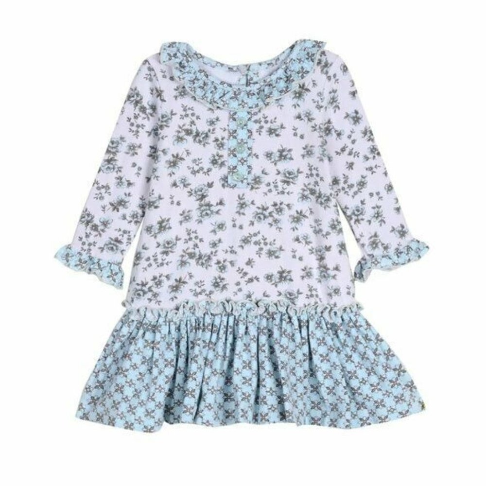 NWT Pippa & Julie Long Sleeve Blue Ruffle Floral Drop Waist Dress 18m